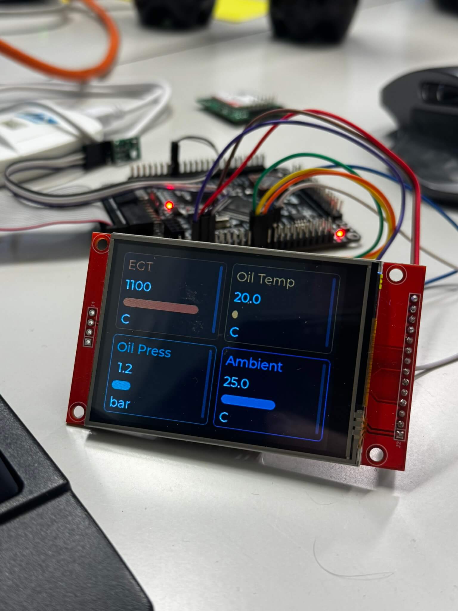STM32 development board connected to a rectangular TFT gauge display showing four LVGL panels: top-left label EGT with value 1100 C and an orange progress bar; top-right label Oil Temp with value 20.0 C; bottom-left label Oil Press with value 1.2 bar; bottom-right label Ambient with value 25.0 C and a blue progress bar. The display sits on a desk with multicolored jumper wires attached to the microcontroller and blurred electronics in the background. Technical, utilitarian prototype tone.
